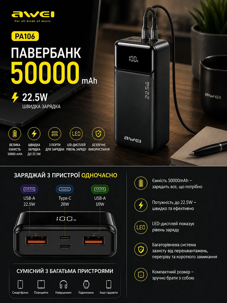 Повербанк універсальний з швидкою зарядкою 22.5 W та цифровим дисплеєм AWEI PA106 50000 мАг для телефона та інших гаджетів Зовнішній акумулятор Power bank 22.5 Вт 2xUSB-A/2xUSB-C Чорний - фото 3