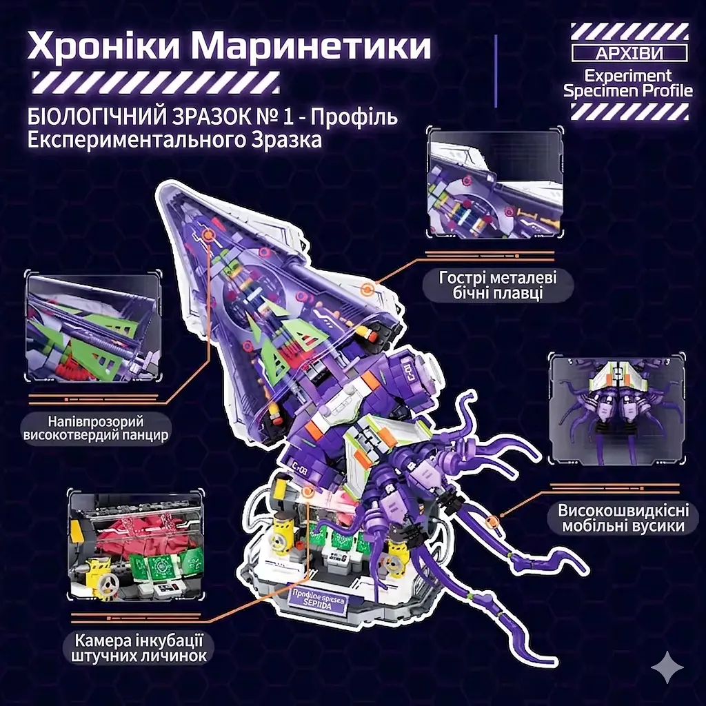 Конструктор кальмар Sepiida в стилі стимпанк з підсвіткою  STEM конструктор для дітей і дорослих, велика механічна модель, 975 деталей - фото 3