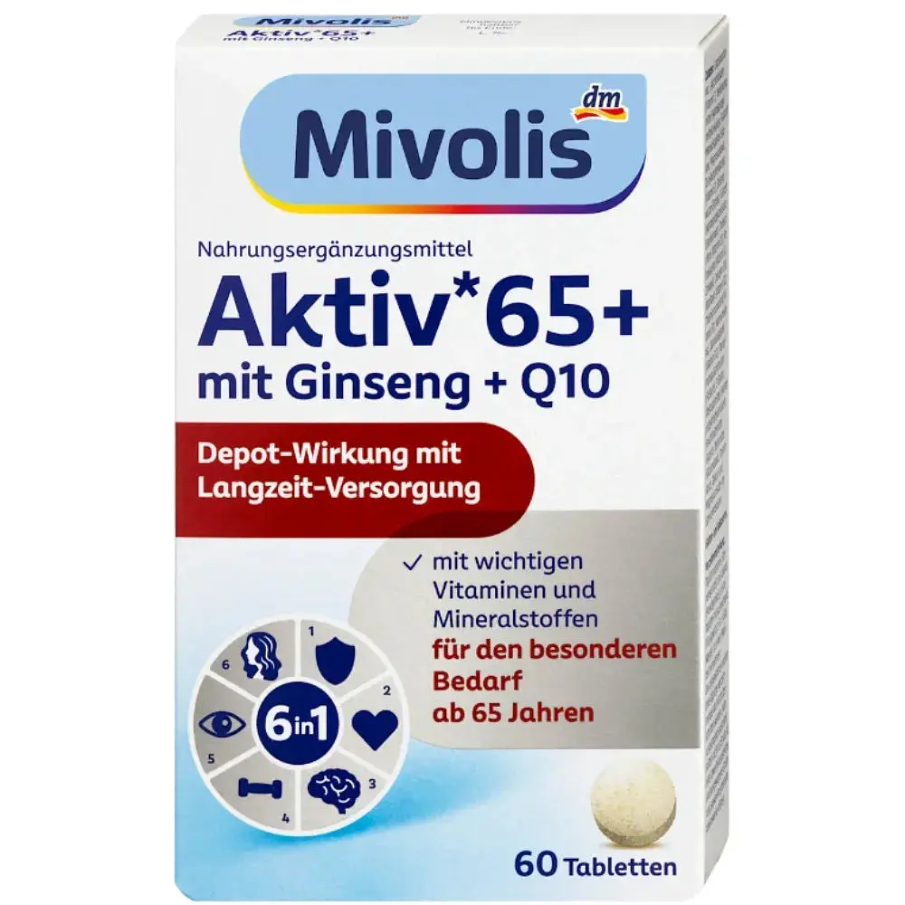 Біологічно активна добавка, комплекс вітамінів Mivolis Aktiv 65+ mit Ginseng(з женьшенем) + Q10, 60 шт