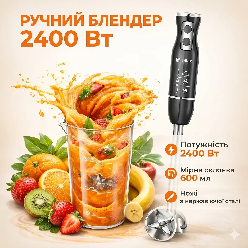 Блендер ручний з чашею BITEK BT-330, 2400 Вт із неіржавкої сталі - фото 2