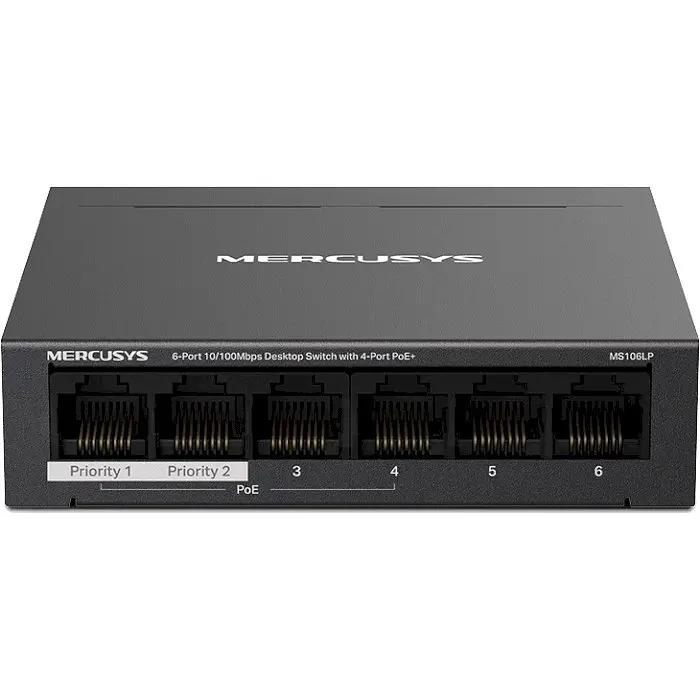 Комутатор Mercusys MS106LP, чорний, LAN 10/100/1000Mb, 4 порти PoE+