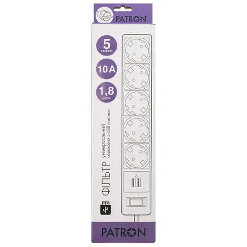 Мережевий фільтр живлення Patron 1.8m + 2 USB 2.0, 2.1A, 5 роз. White (EXT-PN-SP-52-USB-W) - фото 2
