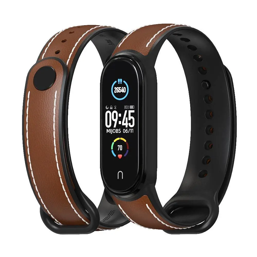 Ремінець для Xiaomi Mi Band 5/6 силікон + шкіра MiJobs Коричнево Чорний (1540703) - фото 4