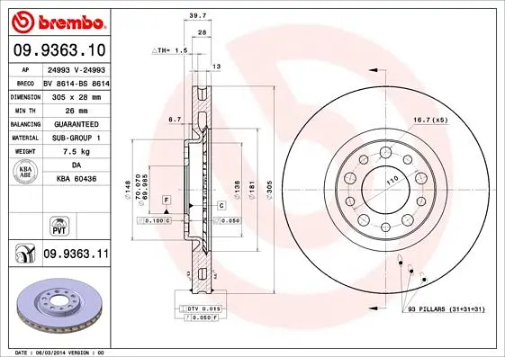 Диск гальмівний передній вентильований Alfa Romeo 159, Spider, Brera 05-12р Brembo (09.9363.11) - фото 2