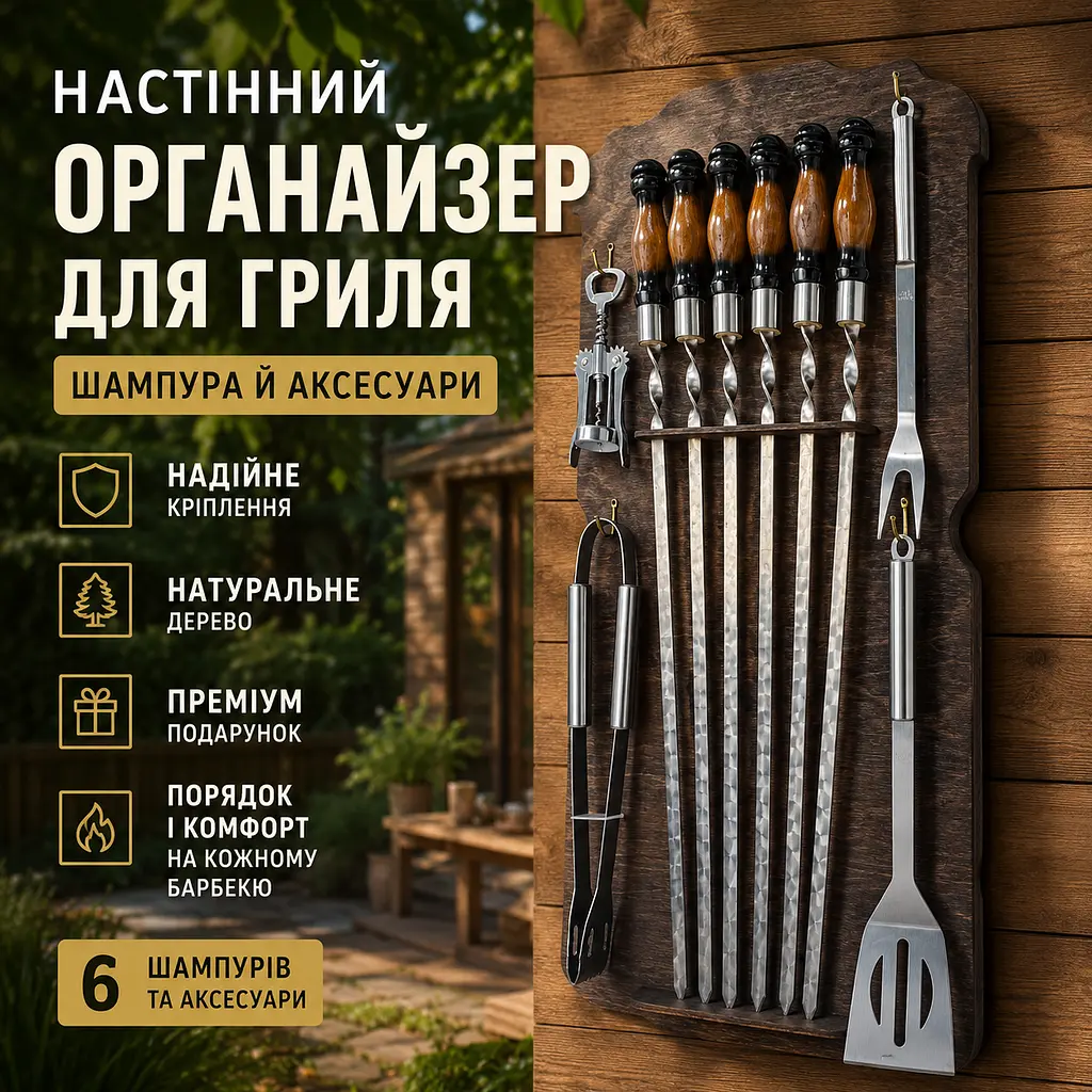 Настінний органайзер для гриля 3 мм та аксесуарами, неіржавіюча сталь, дерев’яні ручки 6 шт. - фото 2