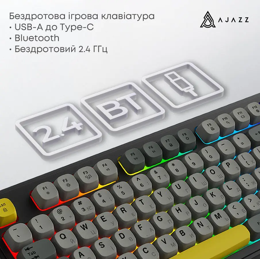Клавіатура ігрова бездротова Ajazz AF-BGY-98 Plus Black-Gray-Yellow 2.4G/Bluetooth/USB - фото 6