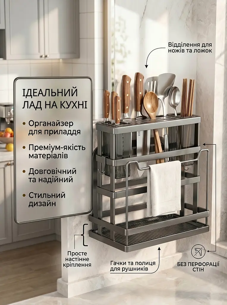 Підставка-сушарка органайзер для кухонних інструментів металева, з тримачем для кришок, сіра (6137455380) - фото 4