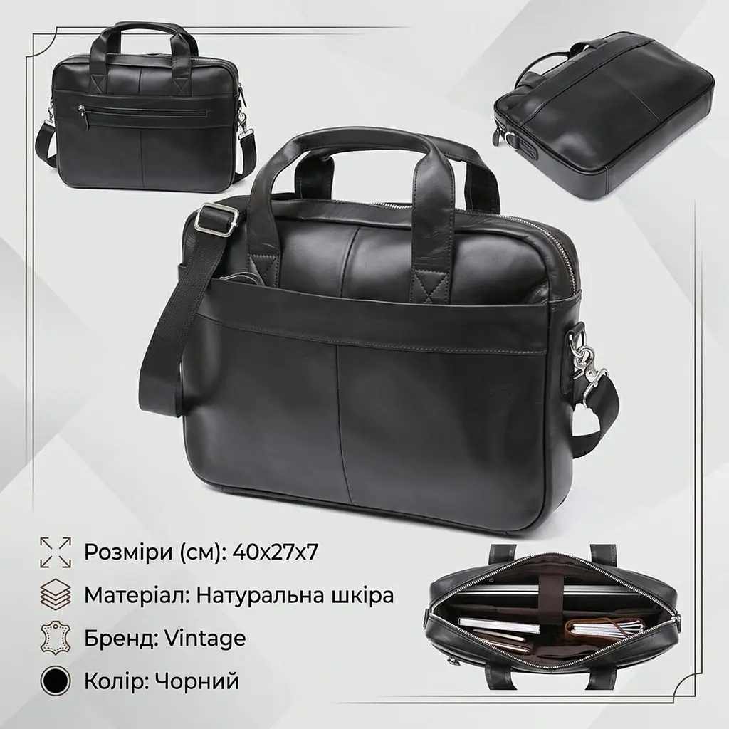 Ділова шкіряна сумка для ноутбука Vintage 20680 чорна - фото 3