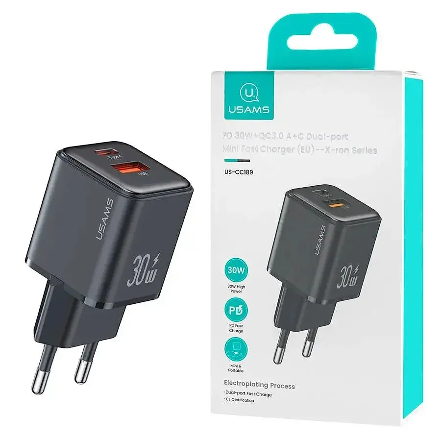 Мережевий зарядний пристрій Usams 30W Quick Charge 3.0 з швидкісною зарядкою (EU-вилка) Чорний (6958444904955) - фото 2