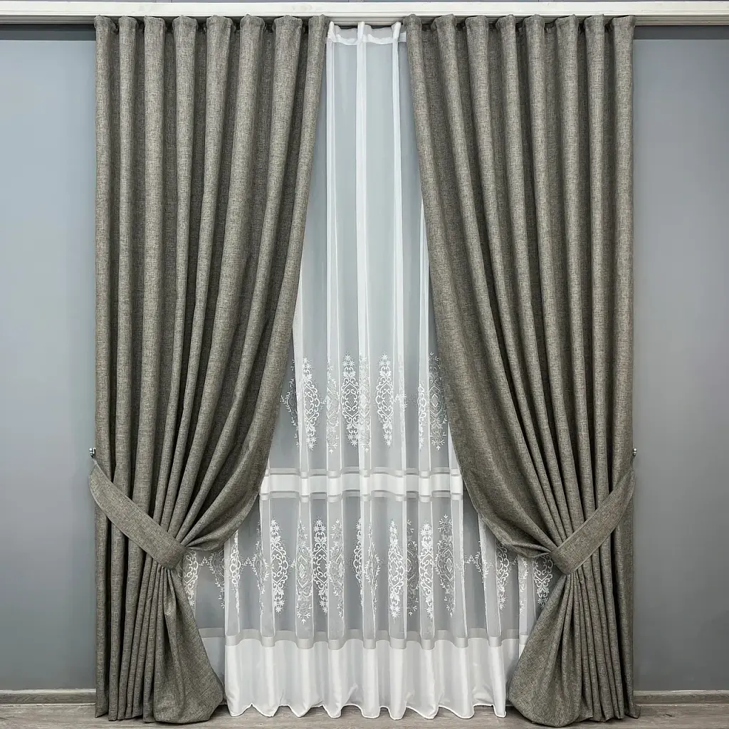 Комплект штор з тюлем VR-Textil Льон ALORA-TON, сірий з білим, 2 штори 100×270 см + тюль 300×270 см, арт. 71-202/1