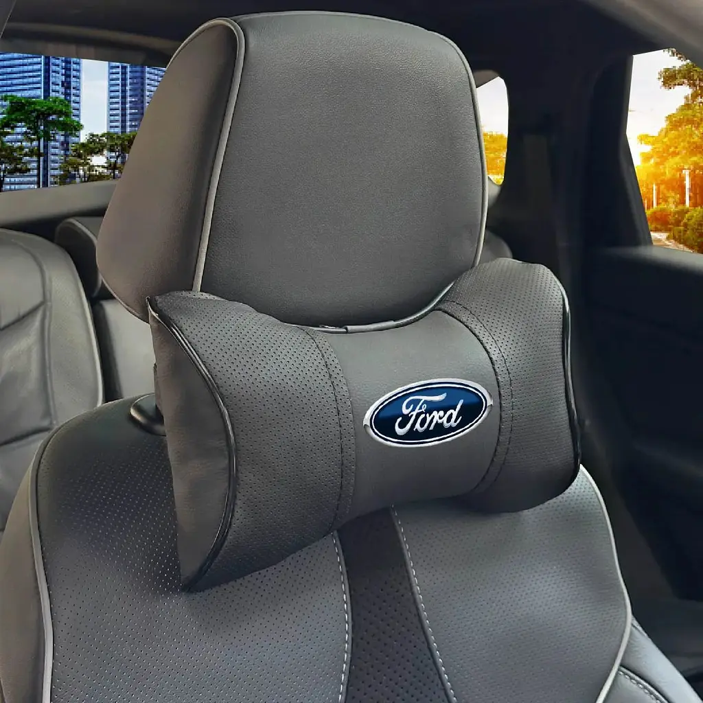 Подушка на підголівник з логотипом Ford Екошкіра 3D Кольоровий лого Чорна-Чорний кант 1 шт