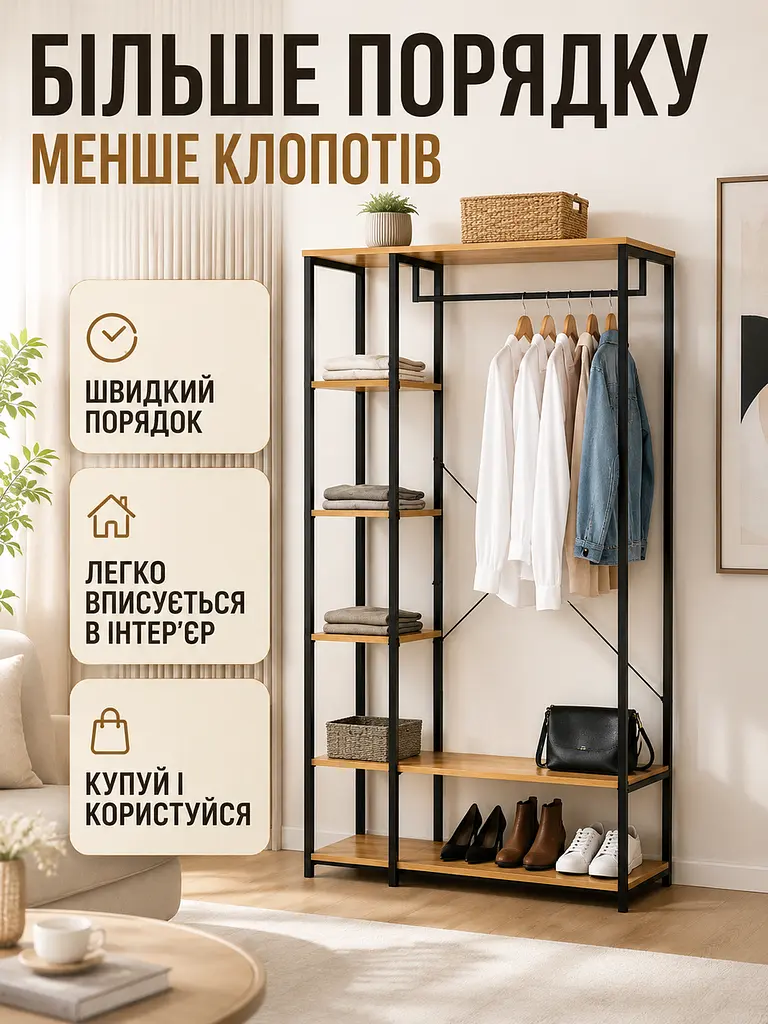Підлогова вішалка-стелаж для одягу та взуття лофт 90×40×167 см (49676006) - фото 9
