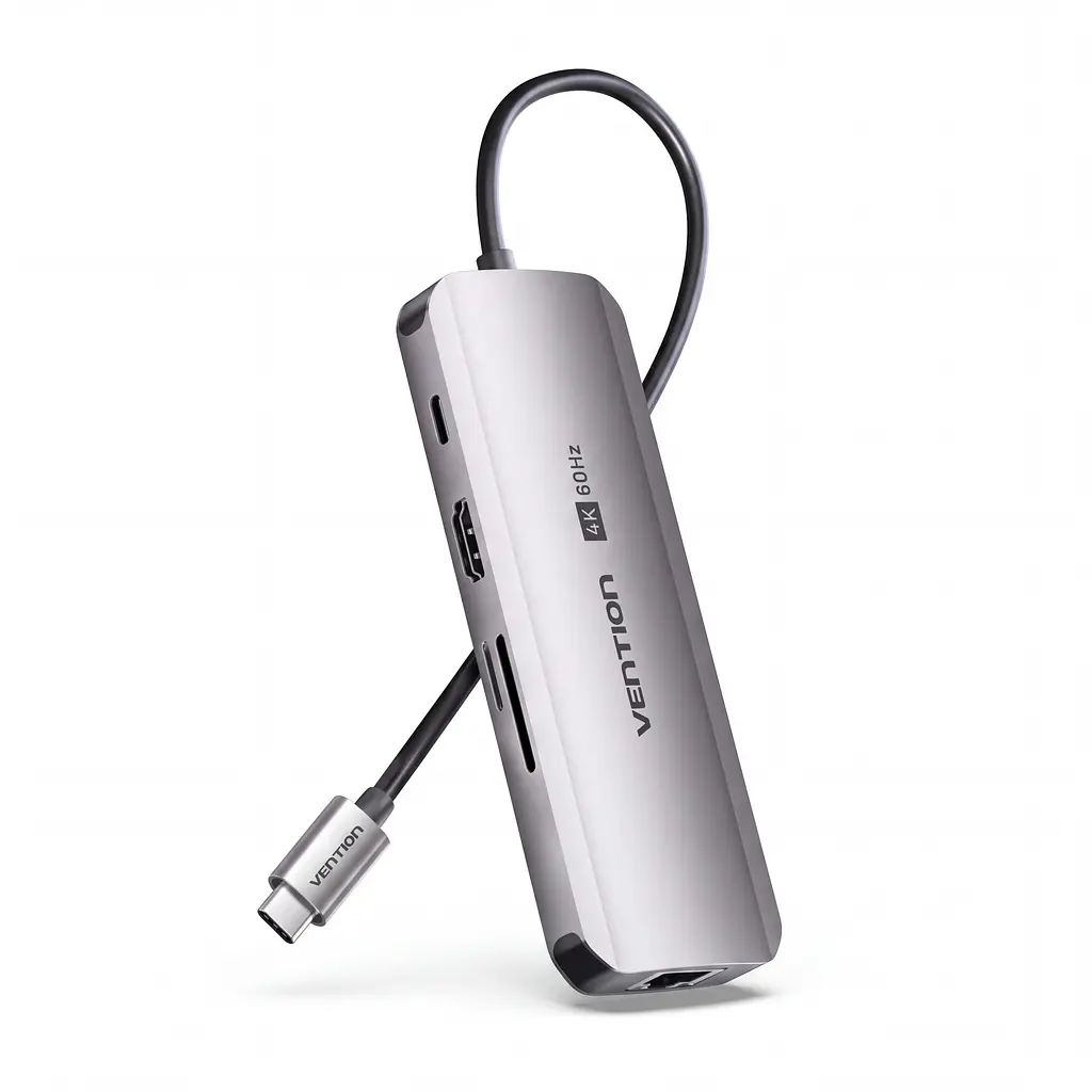 Док-станція USB-C хаб Vention 8-в-1 HDMI до 4K 60 Гц 3 USB 3.0 для даних до 5 Гбіт/с Gigabit Ethernet RJ45 до 1000 Мбіт/с SD/TF читання або запис лише однієї карти за раз вхід PD для зовнішнього живлення й наскрізного заряджання хоста до 100 Вт потрібні блок живлення USB-C PD на вході PD та підтримка PD хостом HDMI потребує USB-C хоста з DP Alt Mode сумісність із Thunderbolt 3/4 вбудований кабель USB-C 0,15 м сірий (TQKHB)