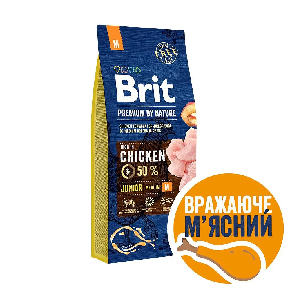 Сухий корм Brit Premium Dog Junior M для цуценят і юніорів середніх порід, з куркою, 15 кг (170814/526338)