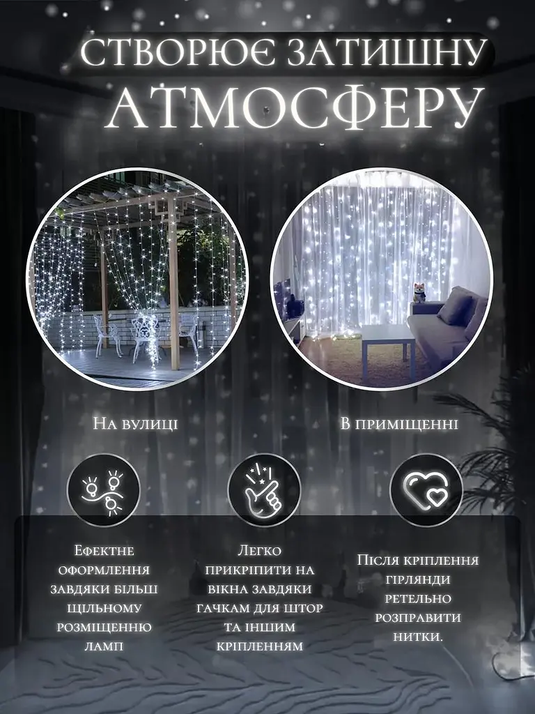 Світлодіодна штора на вікно новорічна гірлянда Холодний білий (30307092) - фото 3