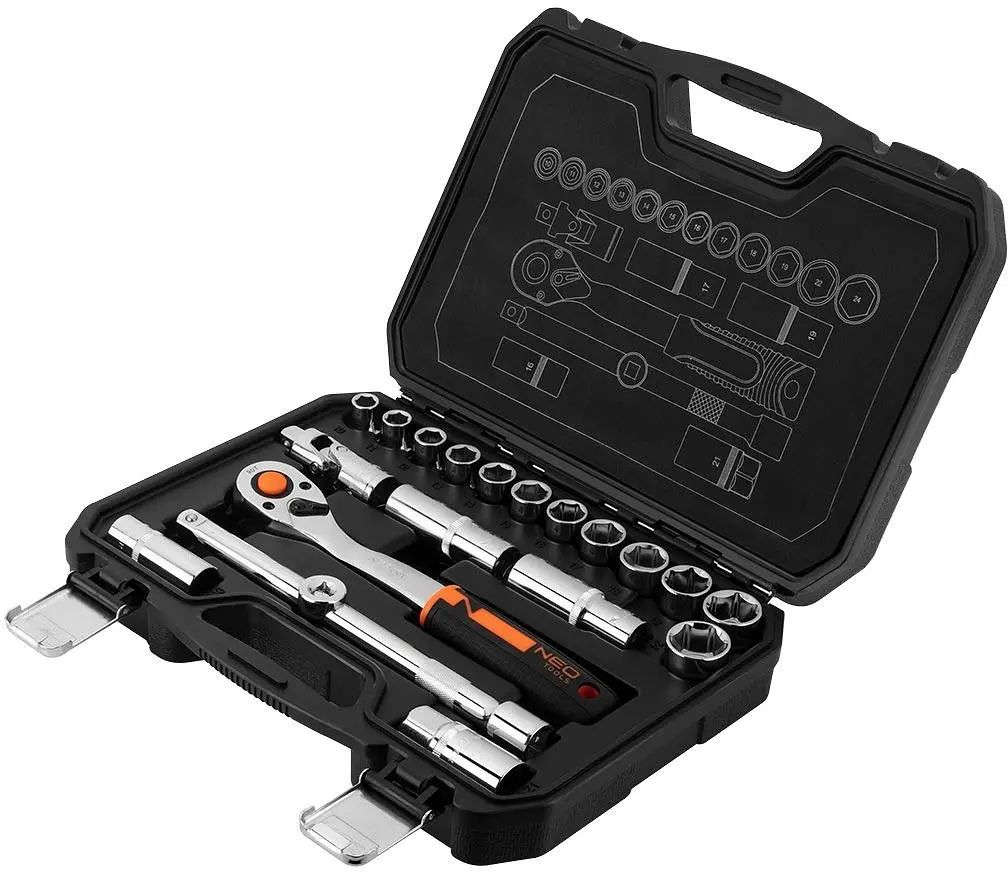 Neo Tools Набір інструментів, Набір торцевих головок, 20шт, 1/2", тріскачка 90 зубців, CrV, кейс - фото 4