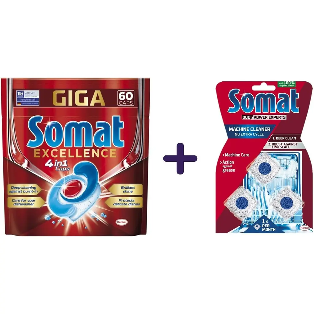 Набор: Капсулы для мытья посуды Somat Exellence 60 шт. + Подарок. Средство по уходу за посудомоечной машиной Somat Machine Cleaner 3 шт. - фото 2