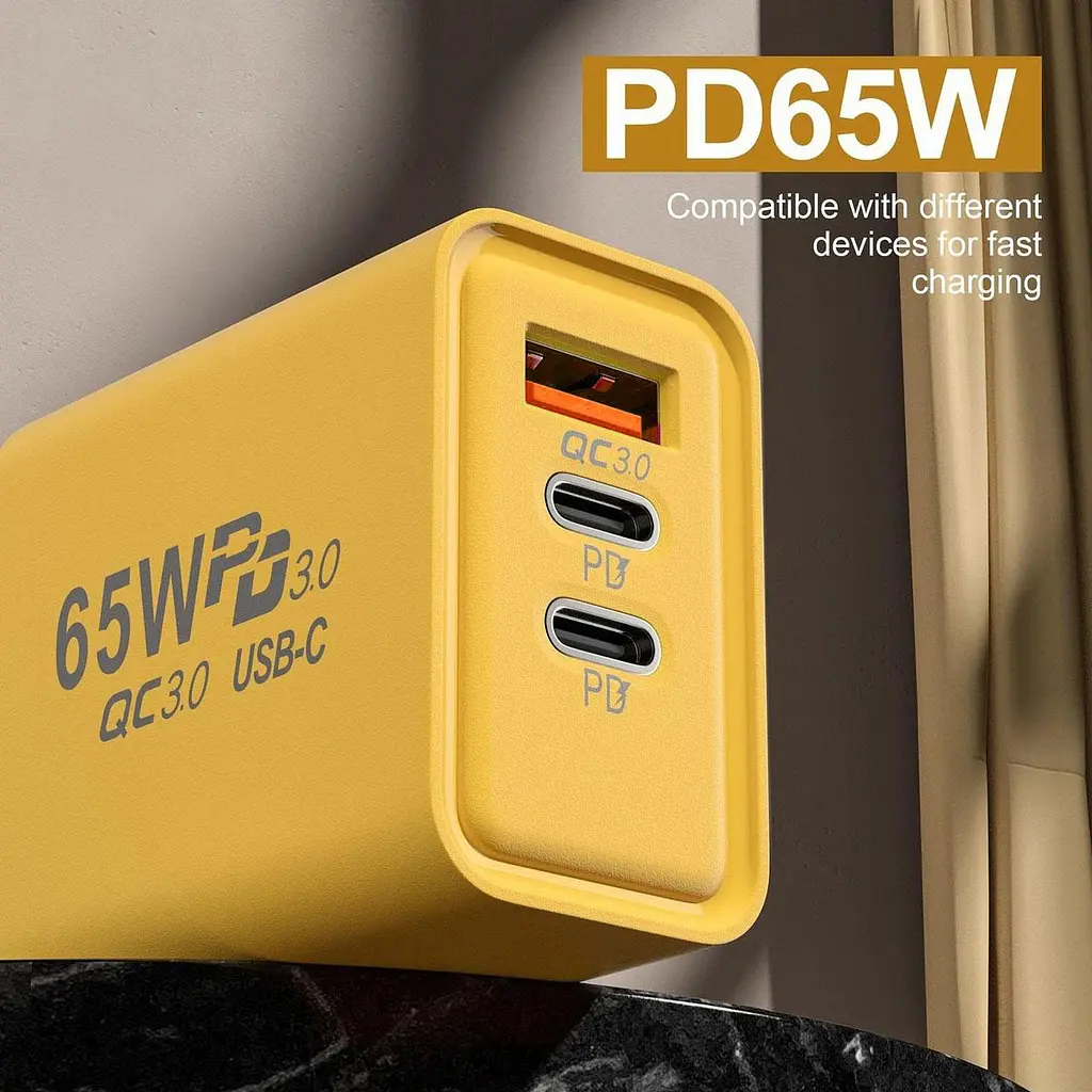 Адаптер для зарядки телефону AR-PD05, жовтий, 65W Fast Charger, з USB та 2 Type-C - фото 4