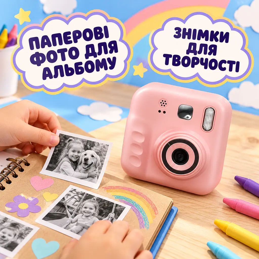 Детский фотоаппарат Camera с моментальной печатью черно-белых фото и экраном розовый (52836223) - фото 9