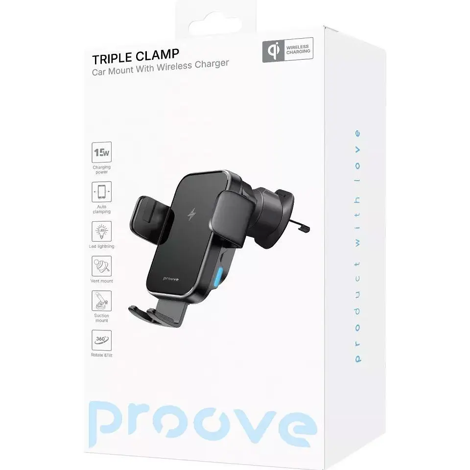 Автотримач із бездротовою зарядкою Proove Triple Clamp 15W Black (WHTC15010001) [136215] - фото 8