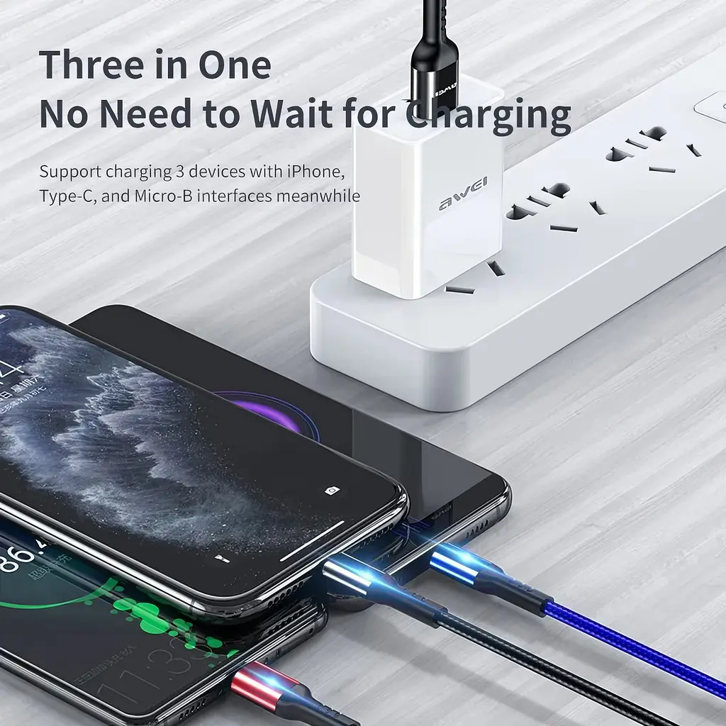 Шнур для заряджання телефону кабель lightning micro usb type c для заряджання Awei CL-971 - фото 6