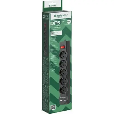 Мережевий фільтр живлення Defender DFS 751, 1.8m, 5роз., 2xUSB (99751) - фото 4