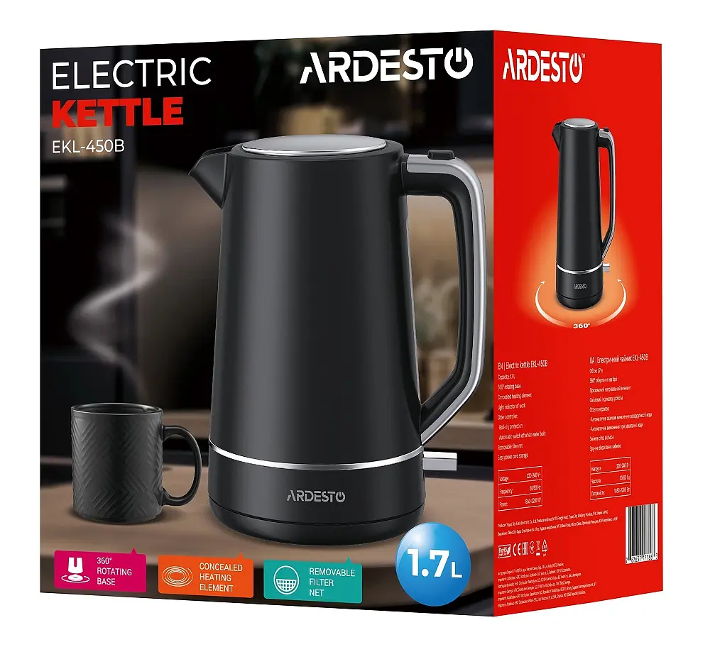 Електрочайник Ardesto EKL-450B Black 2200W, 1.7 л - фото 5