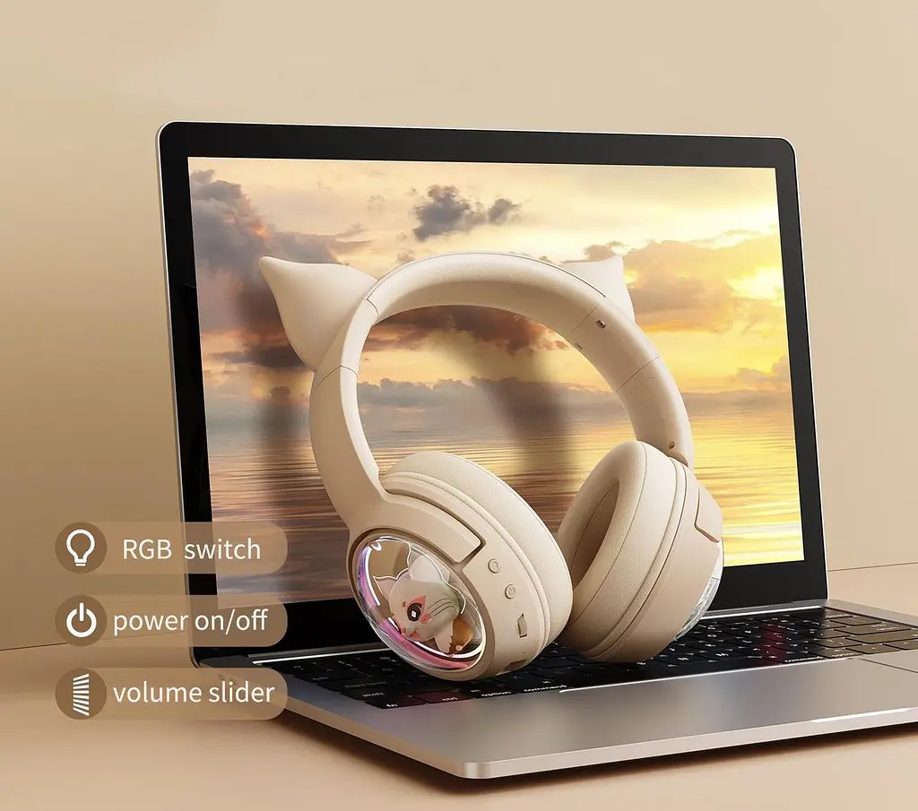 Детские игровые беспроводные Bluetooth наушники Onikuma B5 c RGB подсветкой и встроенным микрофоном Бежевый - фото 7