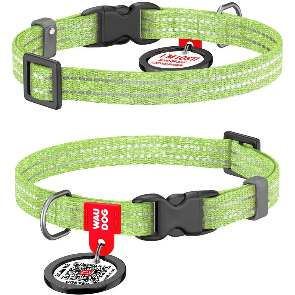 Ошейник для кошек и собак мини-пород Waudog Re-cotton, из восстановленного хлопка, светоотражающий, с QR паспортом, XS, 20-30х1 см, салатовый - фото 3