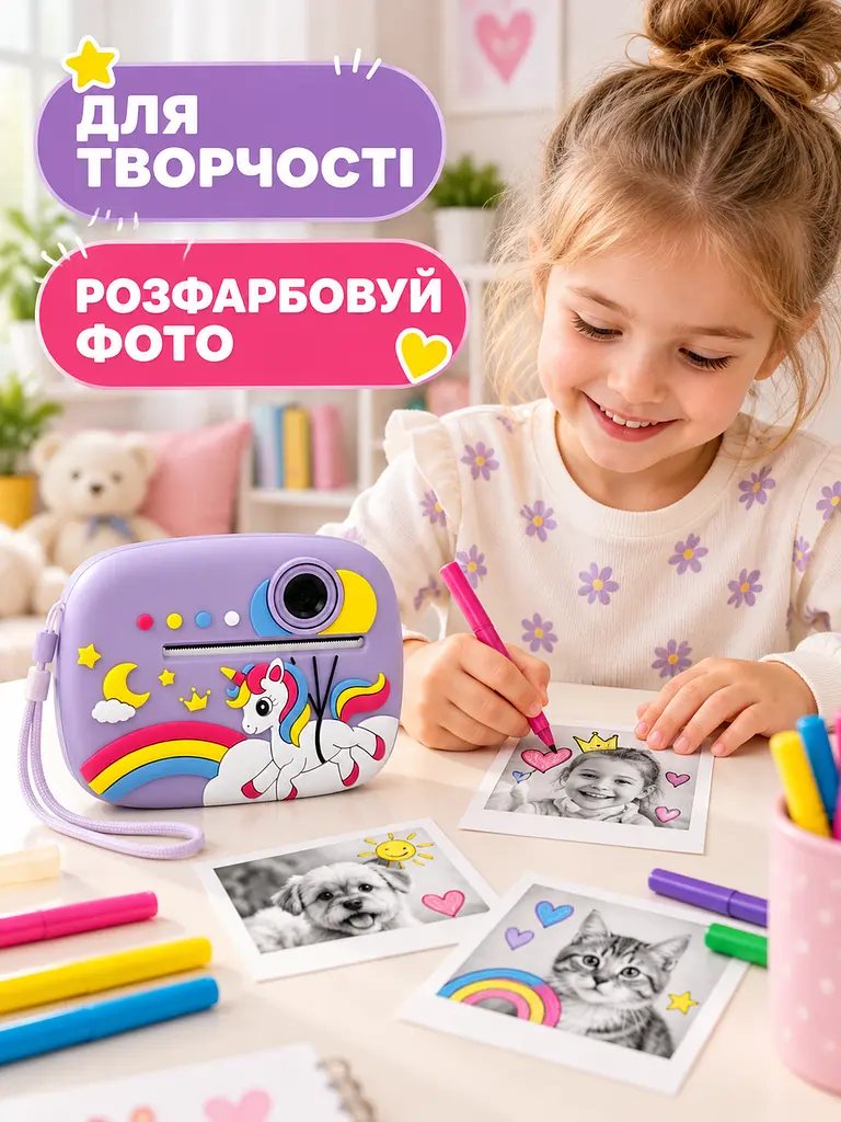 Фотоапарат миттєвого друку дитячий Єдиноріг Full HD акумуляторний з відео та термопапером 2, 4" 12 мП, фіолетовий (5068766629) - фото 9