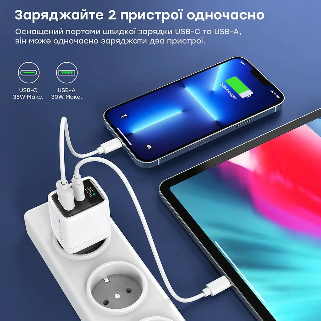 Мережевий зарядний пристрій Choetech PD6052 PD35W GAN A+C White (43-00128) - фото 5