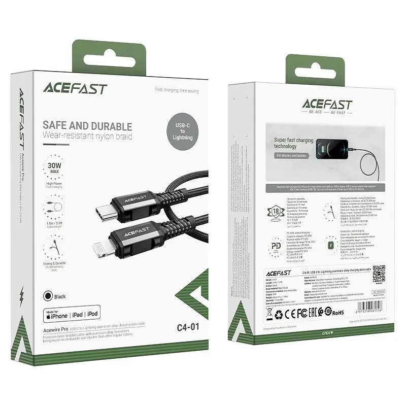 Кабель ACEFAST C4-01 Type-C to iP 3A, 30W, 1.8m, nylon, zinc connectors, чорний - фото 3