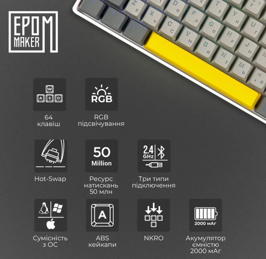 Клавіатура ігрова механічна бездротова Epomaker EP-64-WM White 2.4G/BT/USB RGB Mulan Switch Linear Hot-Swap - фото 6