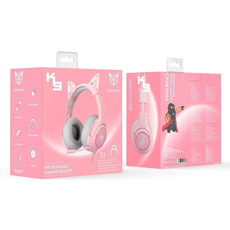 Накладні навушники Onikuma Gaming CAT with LED K9 7.1, USB, 2x3.5mm, 2.2m, pink - фото 11