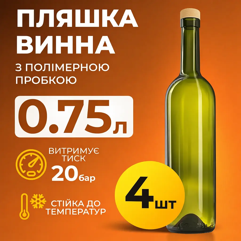 Пляшка для вина 750 мл (скло) темно-зелена 4 шт - фото 2