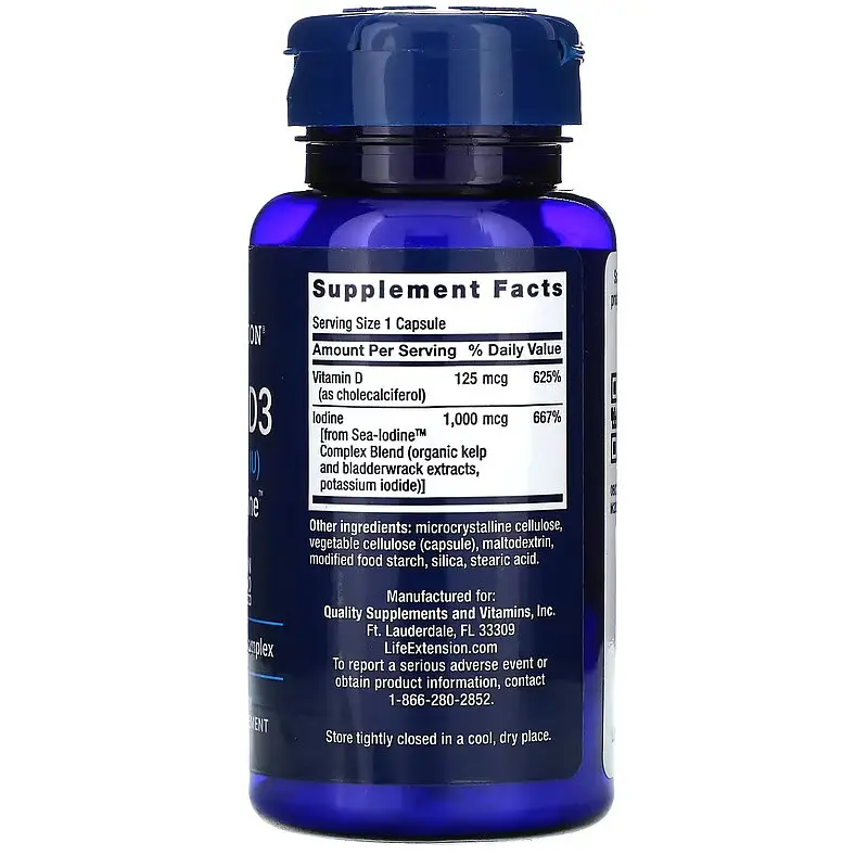 Вітамін D Vitamin D3 with Sea-Iodine 5,000 IU 60 Capsules Life Extension vit0006396 - фото 2