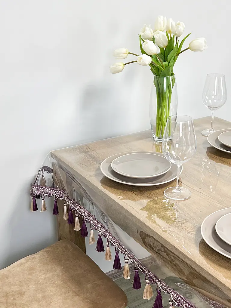 Скатертина силіконова з фіолетово-молочною бахромою 380х190 см - фото 10