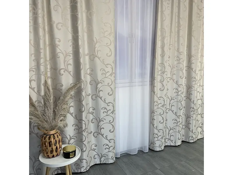 Жакардові штори "вензель" бежевого кольору 2шт. 150х270 з білим шифоновим тюлем 400х270, на тасьмі ALBO pbe0052764 - фото 8