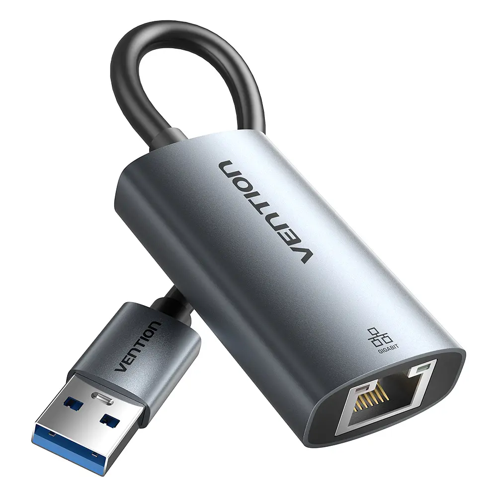 Мережевий адаптер Vention зовнішня мережева карта USB-A на Ethernet RJ45 10/100/1000 Мбіт/с без встановлення драйверів у macOS і Windows 8–11 для USB-порту док-станції Nintendo Switch з LED-індикаторами підключення з алюмінієвим тепловідвідним корпусом з вбудованим кабелем 0,15 м сірий (CEZHB)