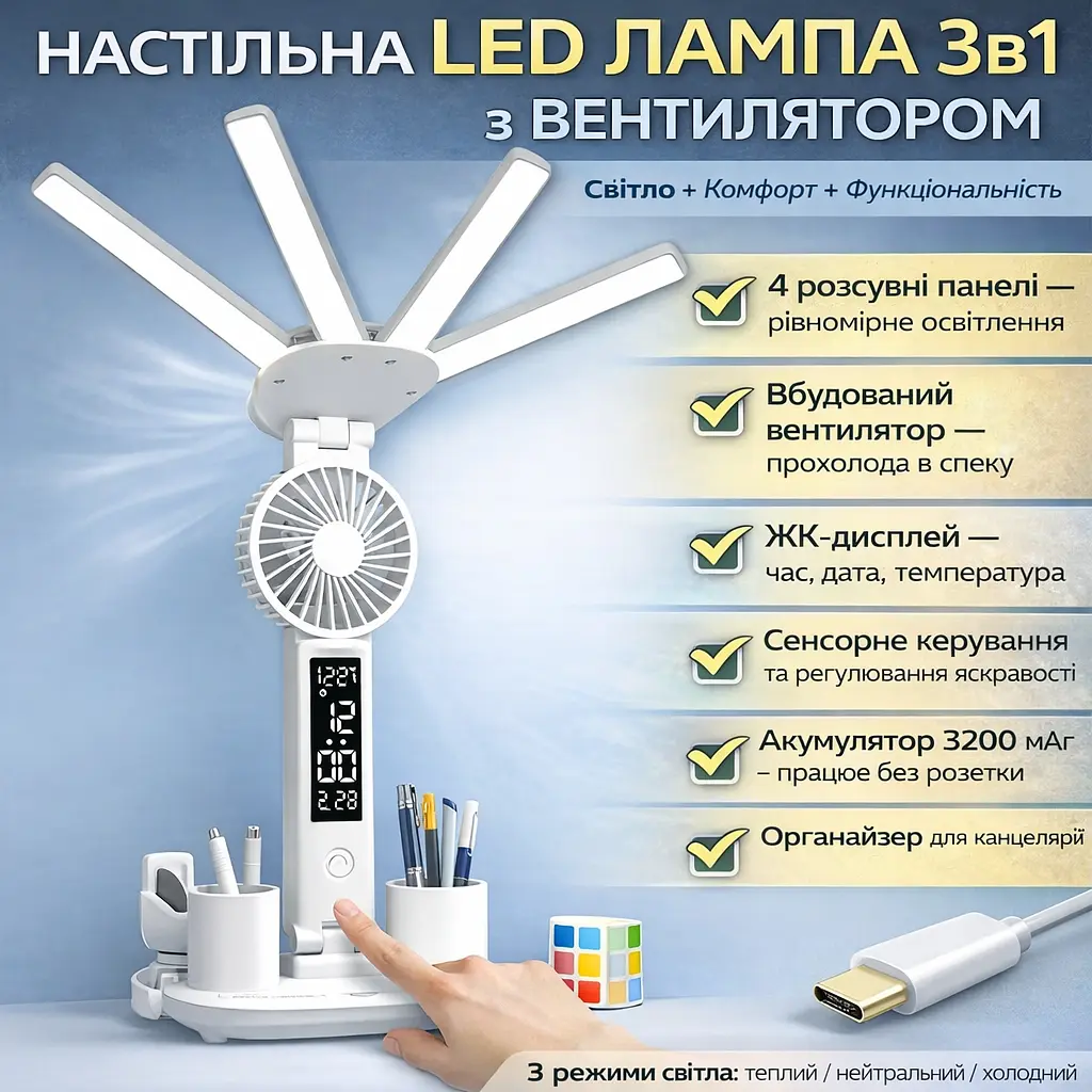Настільна LED-лампа з вентилятором, РК-дисплеєм і 4 світловими панелями KRX-1011 - фото 2