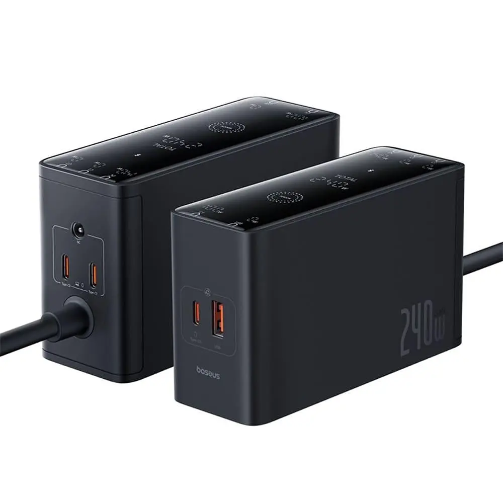 Зарядний пристрій Baseus Digital GaN Intelligent Desktop Fast Charger 240W (3xType+C+USB+DC) (With Cable DC to DC black (P10163901113-00) - фото 5