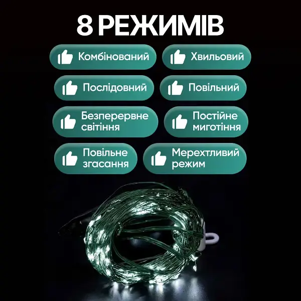 Мережева світлодіодна гірлянда Кінський хвіст кімнатна 20 ниток по 3 м 600 LED діодів внутрішня для ялинки та кімнат від мережі зелена нитка Білий колір світла - фото 6