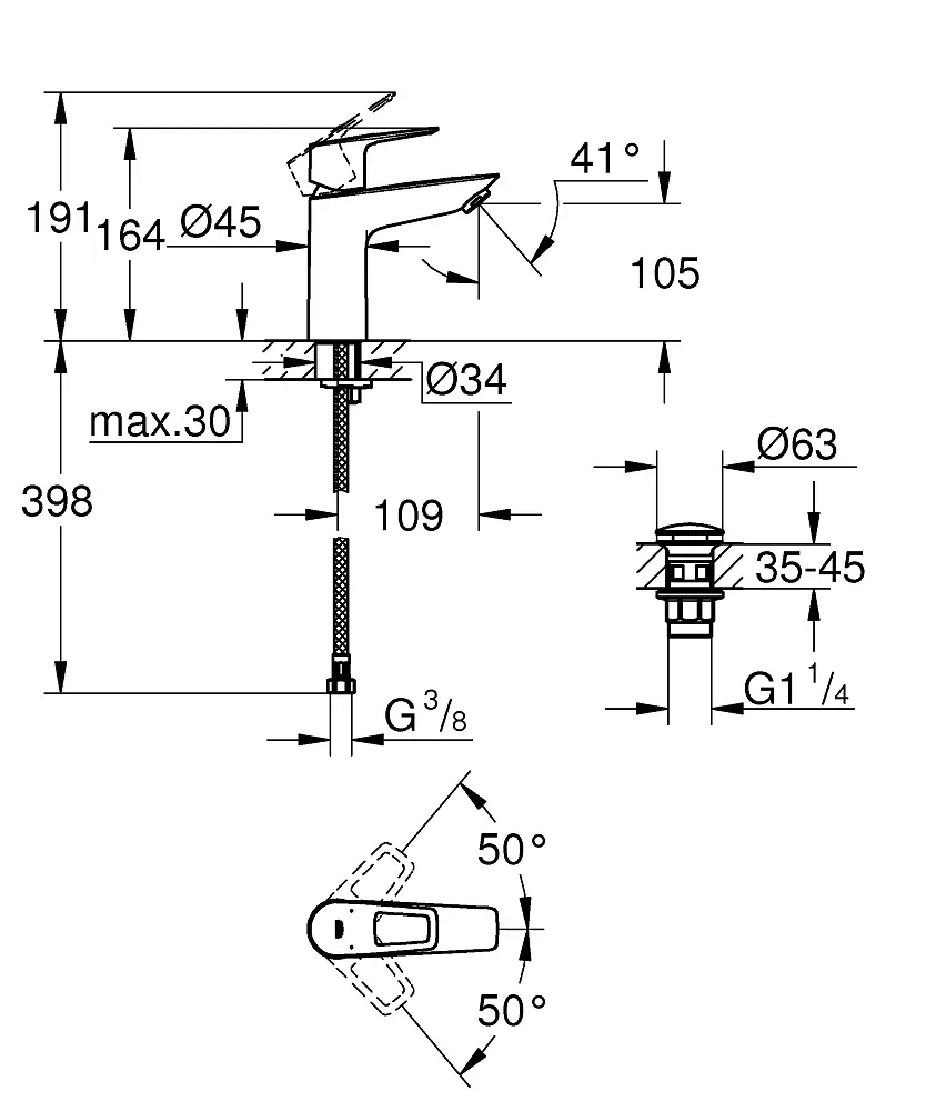 Змішувач для умивальника M-Size + натискний донний клапан Grohe BauLoop New 23886001 Хром - фото 2