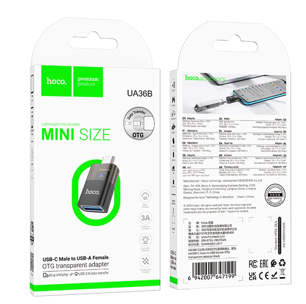 Адаптер Hoco UA36B Type-C male to USB female OTG transparent adapter Чорний - фото 2