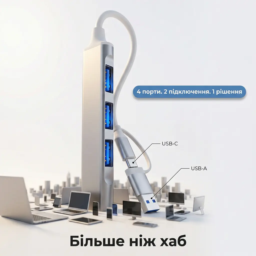 Алюмінієвий USB-хаб 4 порти 1×USB 3.0 + 3×USB 2.0 з підключенням Type-A і Type-C - фото 11