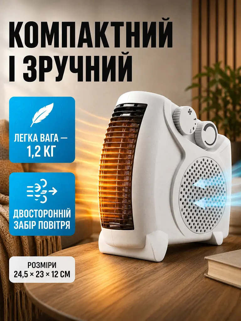Тепловентилятор обігрівач електричний (дуйка) 2000 Вт з регульованим термостатом і захистом від перегріву, 2 режими Білий - фото 4