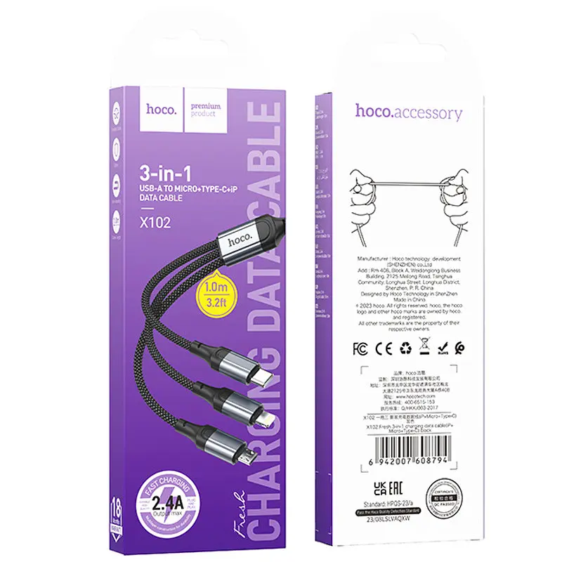 Дата кабель Hoco X102 Fresh 3in1 USB to Lightning + MicroUSB + Type-C (1m) Black - фото 6