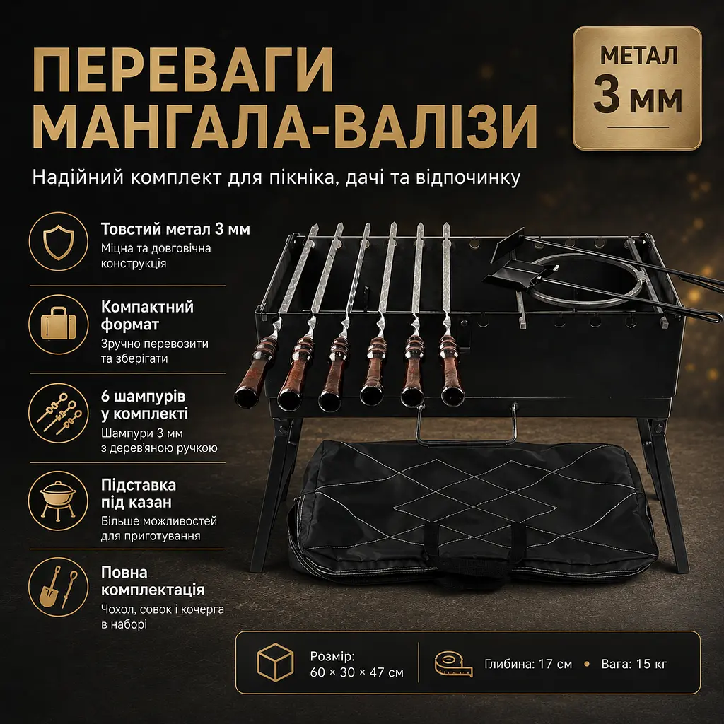 Мангал-валіза 3 мм з 6 шампурами, підставкою під казан, чохлом, кочергою та совком 60×30×47 см - фото 4