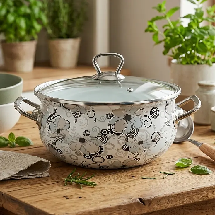 Каструля глибока емальована зі скляною кришкою Zauberg Мереживо 1,5 л d.16 см (1279) - фото 3