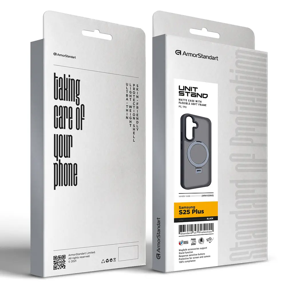 Чехол для Samsung Galaxy S25 Plus 5G, Unit Stand, черный, MagSafe, противоударный защитный чехол-панель с подставкой, поддержкой магнитных держателей и беспроводной зарядки, защита всего корпуса, силикон + поликарбонат, ArmorStandart (ARM82860) - фото 2